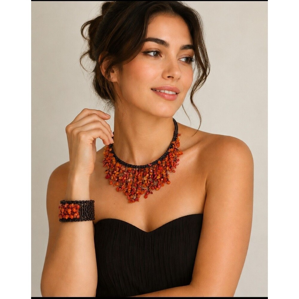 Handmade Shell Chip Coral Statement Necklace and Matching Bangle Bracelet Set